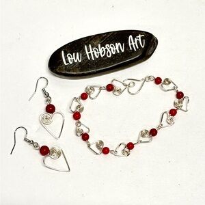 HAND CRAFTED Coral Bead Wire Wrapped Silver Plate Earrings and Bracelet Set